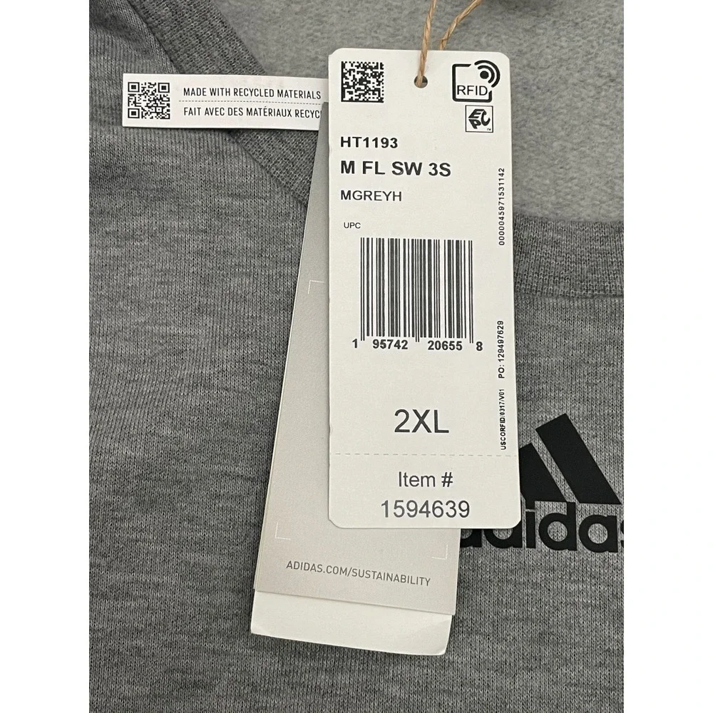 NEW Adidas Sweatshirt Mens 2XL Grey Essentials Fleece 3-Stripes Pullover HT1193